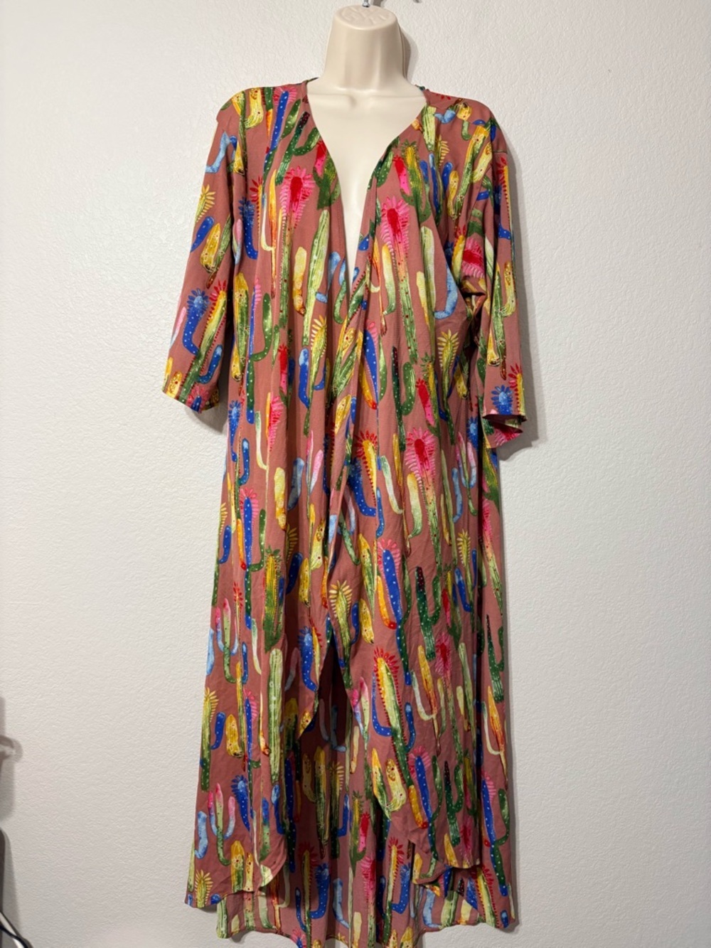 Lucky & Blessed Colorful Saguaro Cactus Print Kimono,‎ Long Duster, Open Front.